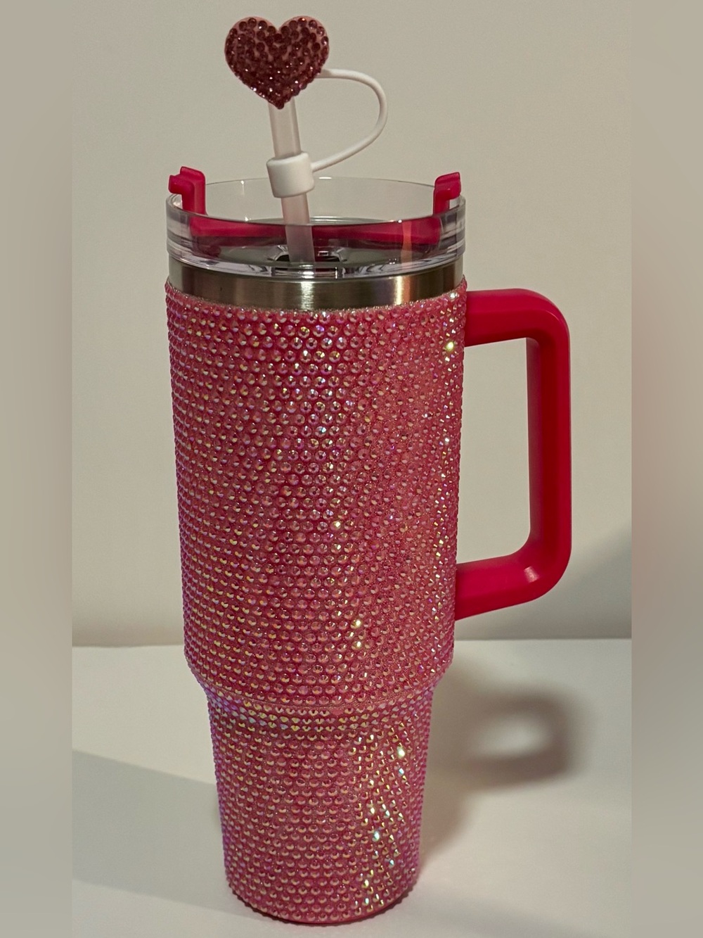 Pink Rhinestone 40 oz Tumbler with Handle + Heart Straw Topper